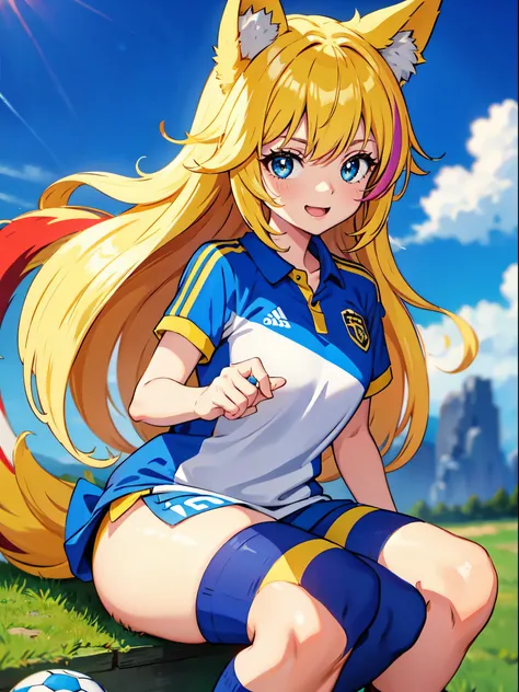 (obra-prima, melhor qualidade: 1.2), anime girl with fox ears, solo, foco feminino, sorriso, olhando para espectador, soccer uniform, campo de futebol, diamante, cabelo multicolorido, olhos multicoloridos