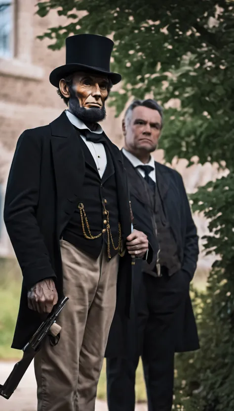 Cinematic 8K hyper-realistic abraham lincoln with her bodyguard Ward Hill Lamon together, rule of thirds Nikon D850, 85mm lens, ((8k)) ((12k)) ((close-up)) ((full body 1.4)) (( closely focus on both)) ((looking foeward)) ((loooking to the camera))