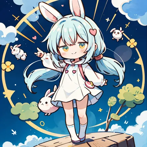 (chibi:1.2), full bodyesbian、kigurumi, rabbit girl、rabbit costume、a smile、rabbit ears、rabbit tail、watercolor paiting, standing, ...