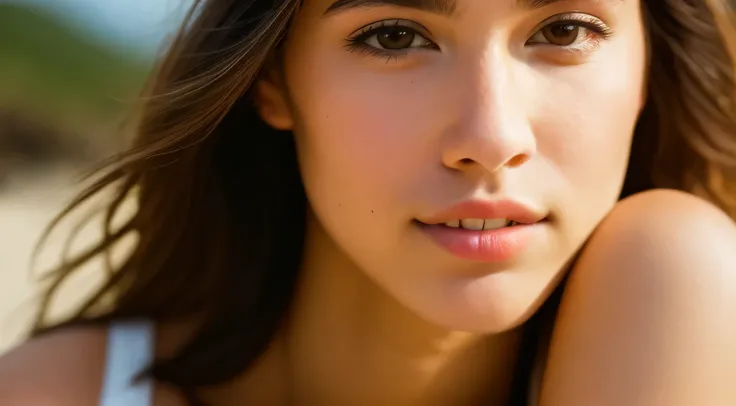 Smile, beautiful european model, Tropical Beach, Sunlight, Close-up shot of face only, 1 Girl with a beautiful face, Photographer 1.4), (Full body portrait: 1.4),Raw UHD Portrait Photography, background at room , Detailed (Texture!, hair!, shine, Color!!, ...