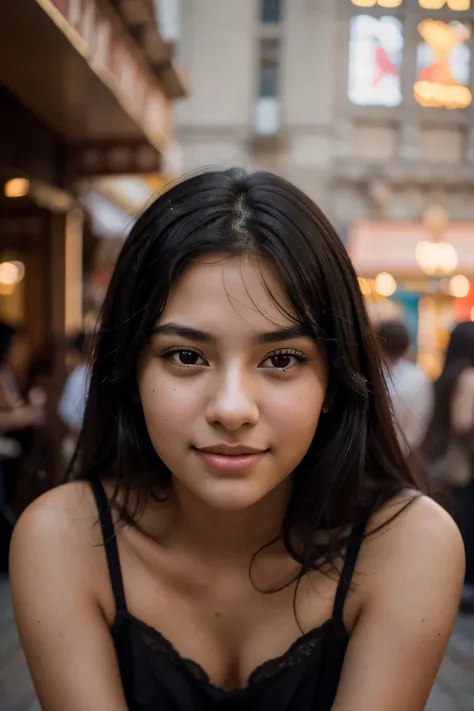 Breathtaking cinematic photo of a 18 year old girl with black hair and brown eyes, happy, cheerful expression, closed mouth, beautiful lips, intricate details, shallow depth of field, highly detailed, high budget, fair, gorgeous, masterpiece, highly detail...