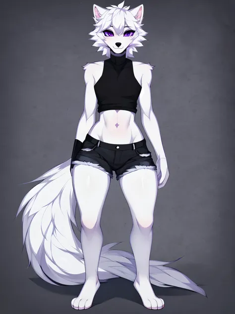 Solo:1.3, Naomi, a white wolf, male, feminine, detailed purple eyes, short white hair, white wolf ears, cute snout, white wolf tail, wearing black tank top, jean shorts, plantigrade:1.2, 4 toeackground, full body shot, feet visible, by hyattlen, by clawedd...