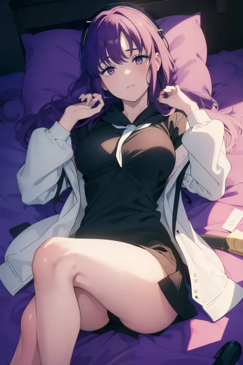 ((((Obra maestra, La mejor calidad, ultrahigh resolution)))), perfect anatomy, 1girl, long hair, purple, (pornography), ((presenting)), (SFW), (cute white hoodie), school uniform model, medium breasts, thighs, lying on back, pillows