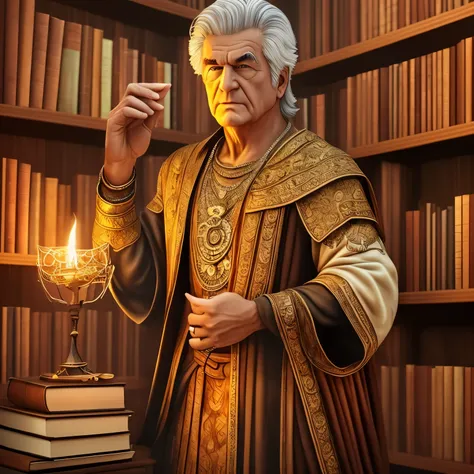 An ancient and wise wizard  with a distinguished demeanor, standing in a library of ancient tomes, shelves reaching towering heights with books bound in dragon scales and phoenix feathers, the wizard holds a leather-bound book and staff with a question mar...