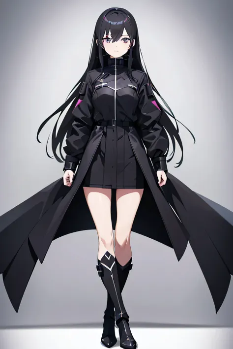 a cartoon image of a woman in a black outfit and a long black coat, wearing techwear and armor, sao style anime, inspired by jin...