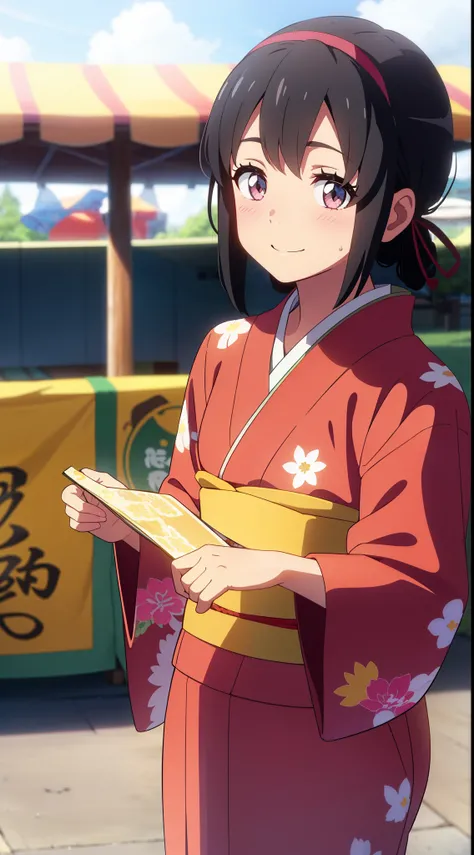 shinkai makoto, kimi no na wa., 1girl, bangs, black hair, blush, bright eyes, brown eyes, red headband, red bow, red ribbon, shiny skin, smile, cute, beautiful, white kimono, red dress, blush, hair, floral print, japanese clothes, kimono, looking at viewer...