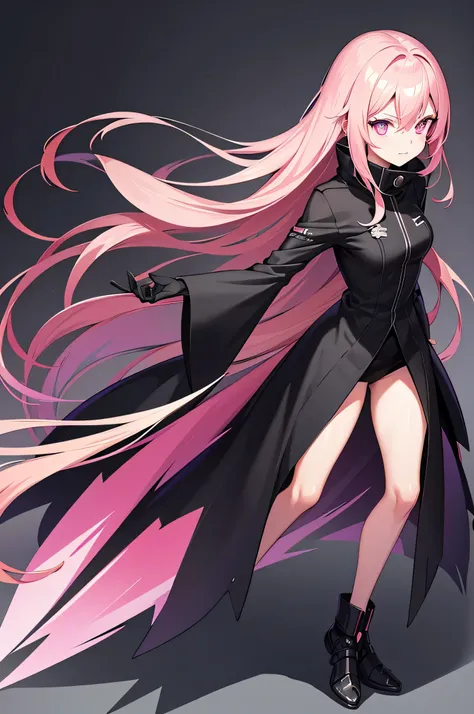 a cartoon image of a woman in a black outfit and a long black coat with pink hair, wearing techwear and armor, sao style anime, ...