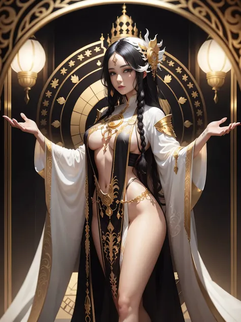 prosperous palace，a female mage，disheveled black hair，white and decorative，White mage robes，perfect body figure，microkini，Full body gold tattoo