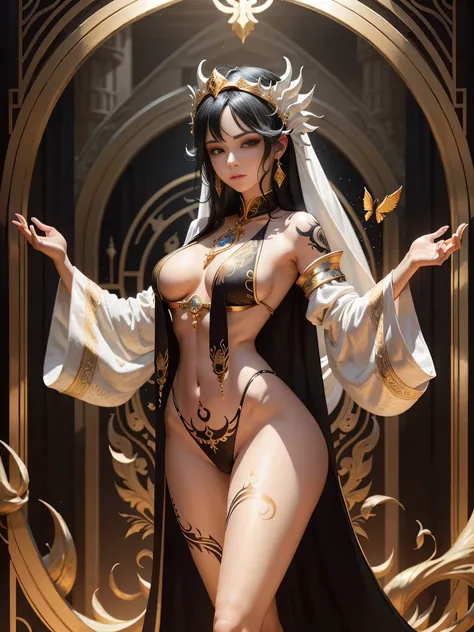 prosperous palace，a female mage，disheveled black hair，white and decorative，White mage robes，perfect body figure，microkini，Full body gold tattoo