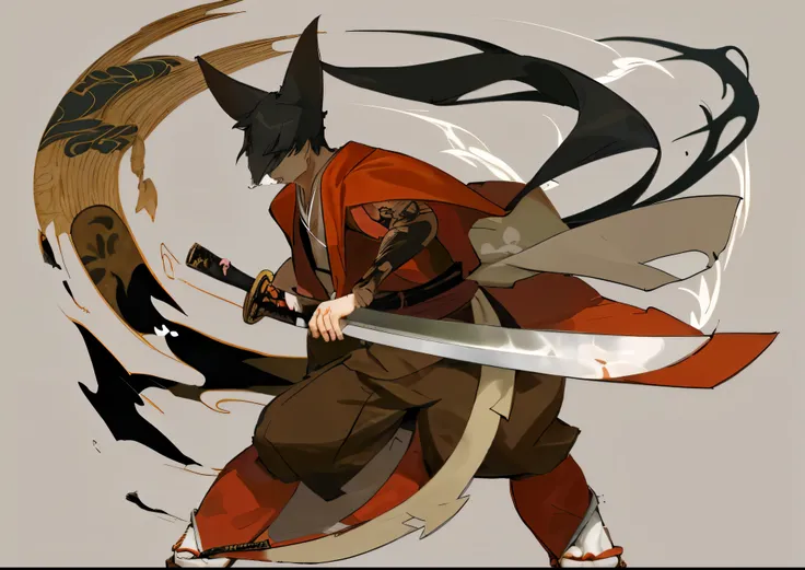 a guy wearing japanese tradisional clothes, wearing cloak, holding a katana, have a tail