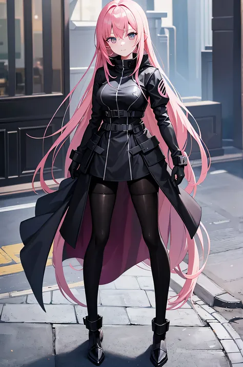 a cartoon image of a woman in a black outfit and a long black coat with pink hair, wearing techwear and armor, sao style anime, ...