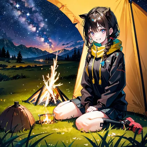 Girl, brown pony tail hair, camping, bonfire, at night, mountain, trees, night stars, grass, tent, looking at viewer, smile, glowing eyes, sit on grass,