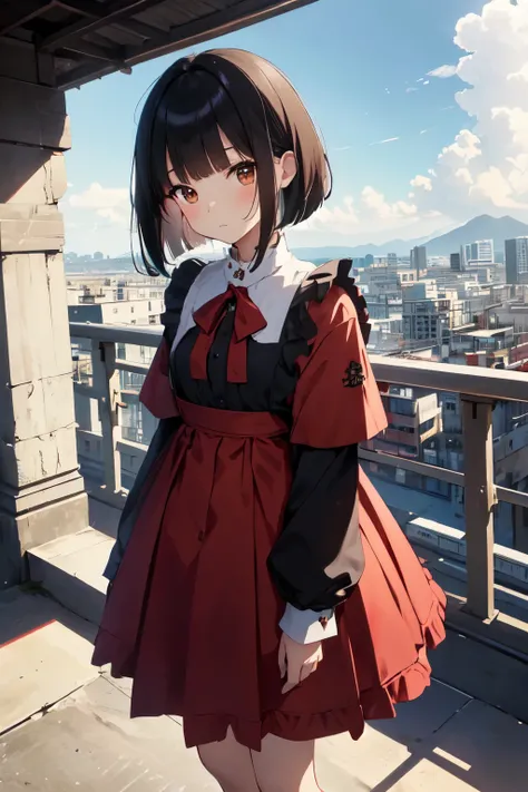 absurderes, hight resolution, (Anime style:1.1), ((masutepiece)), ((Best Quality)), (Ultra-detailed), (Beautiful), 独奏, Beautiful face、(liftup),Cute 5 year old girl looking down at the ground from bad scaffolding on top of a 2000m skyscraper,Slimed、short st...