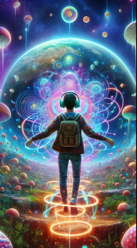 a man standing in front of a psychedelic landscape with mushrooms and planets, extremely psychedelic experience, beeple and jeremiah ketner, psychedelics, psychedelic experience, a psychedelic experience, the encrypted metaverse, visionary art style, deepe...