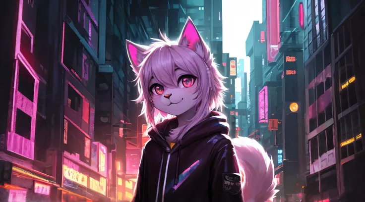 Cyberpunk cat casual outfit cute face, fluffy ears, medium bushy tail, Beautiful light and shadow bust, Highest quality fine lines and refined facial features, Good ambient light, Ultra-fine fur、Volumetric light is very detailed,Finest quality furry art