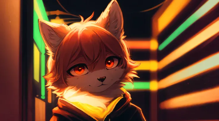 Cyberpunk cat casual outfit cute face, fluffy ears, medium bushy tail, Beautiful light and shadow bust, Highest quality fine lines and refined facial features, Good ambient light, Ultra-fine fur、Volumetric light is very detailed,Finest quality furry art