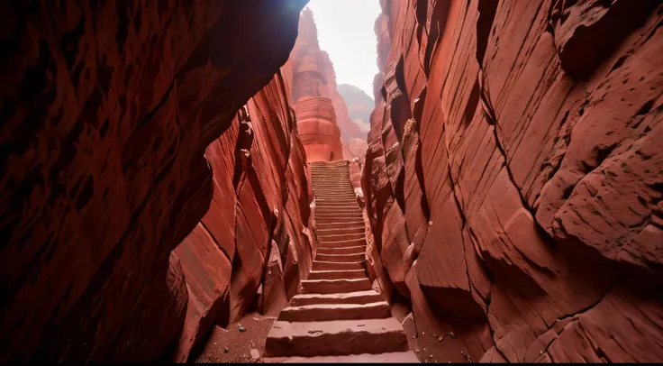 view from below of a narrow rocky passage between two high walls of red mountains. cinematic light, 4k hdr, lens 28mm