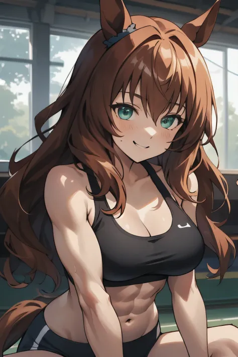 maruzensky(umamusume), masterpiece, best quality, ((ultra-detailed face)), muscular, symmetrical face, beautiful face, slender, abs, sports bra, horse tail, smile, athletics track, large tits, hand between legs