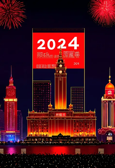 （2024 new year’s eve celebration scene design），（red gold poster design）（happy new year on the electronic projection screen of th...