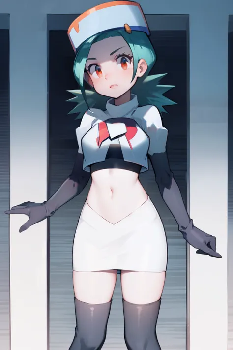 pkmnJenny, white hat with red R ,team rocket,team rocket uniform, red letter R, white skirt,white crop top,black thigh-high boots, black elbow gloves , looking at viewer,