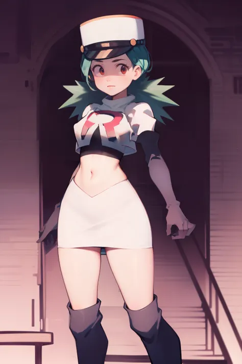pkmnJenny, white hat with red R ,team rocket,team rocket uniform, red letter R, white skirt,white crop top,black thigh-high boots, black elbow gloves , looking at viewer,