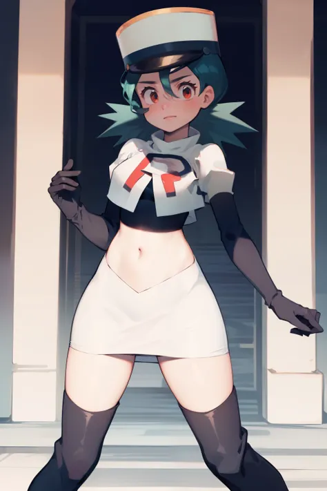 pkmnJenny, white hat with red R ,team rocket,team rocket uniform, red letter R, white skirt,white crop top,black thigh-high boots, black elbow gloves , looking at viewer,