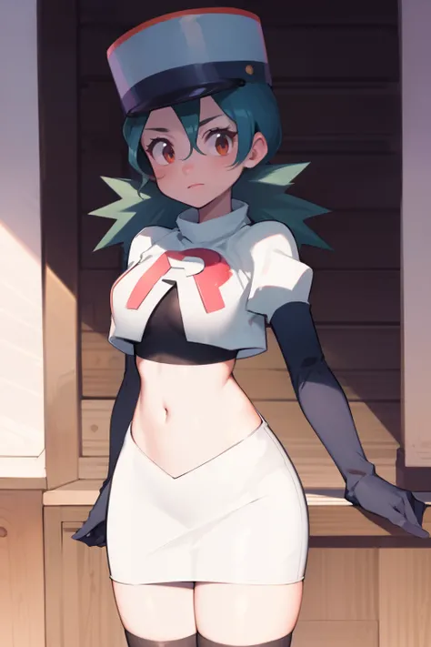 pkmnJenny, white hat with red R ,team rocket,team rocket uniform, red letter R, white skirt,white crop top,black thigh-high boots, black elbow gloves , looking at viewer,