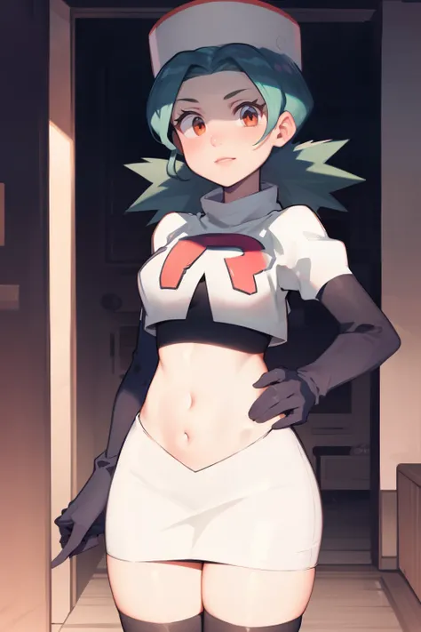 pkmnJenny, white hat with red R ,team rocket,team rocket uniform, red letter R, white skirt,white crop top,black thigh-high boots, black elbow gloves , looking at viewer,