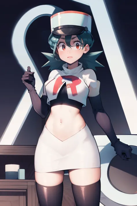pkmnJenny, white hat with red R ,team rocket,team rocket uniform, red letter R, white skirt,white crop top,black thigh-high boots, black elbow gloves , looking at viewer,
