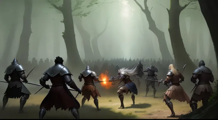 there are many people in the woods, medieval fantasy battle, background battle scene, epic battle scene, battle scene, medieval fantasy game art, heroic battle scene,digital art, fantasy,dark, dark forest, concept art by Kamisaka Sekka, pixiv contest winne...