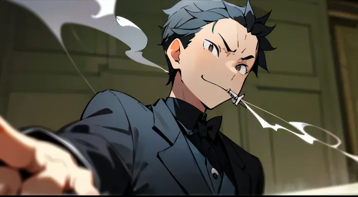 1boy, subaru, natsuki subaru, subaru re_zero, black hair, black eyes, gangster, smoking, gangster outfit, criminal, masterpiece,...