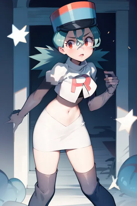 pkmnJenny, white hat with red R ,team rocket,team rocket uniform, red letter R, white skirt,white crop top,black thigh-high boots, black elbow gloves , looking at viewer,