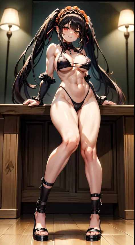 1 girl, bare shoulders, black hair, medium breasts, (muscular legs), muscular belly, wide hips, thin waist, (((clock eyes))), (wearing a very short and sexy bikini), (((no motel room))), full body, hairband, (showing her sexy body), (((focus on legs))), st...