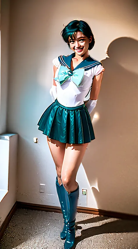 Best texture、High quality、Ulutra HD、8K、full body form、1 girl in、Japanese actressl、17 age、Sailor Mercury、bright green bright green green hair、light blue chest ribbon、blue blue pleated mini skirt、blue blue knee boots、White elbow-length gloves、nothing superfl...