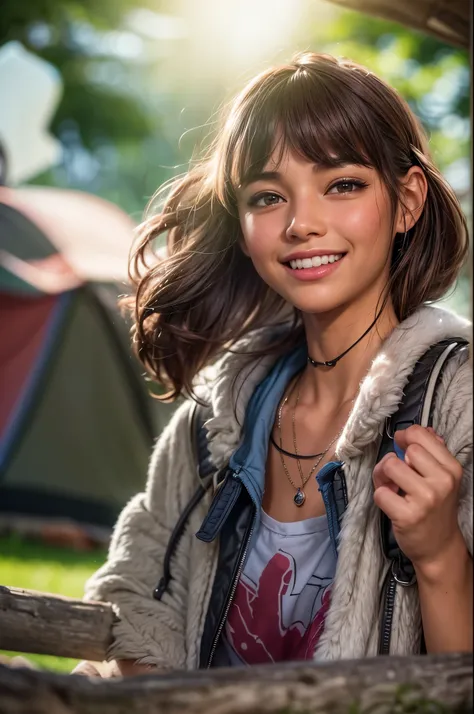 solo, cool woman, 25age, short ponytail, camping clothes, campsite, from below, cinematic angle, smile, detailed beautiful face and eyes, shiny hair, jewelry, cinematic lighting, jpeg artifacts, drop shadow, depth of field, hyperrealism, masterpiece, retin...