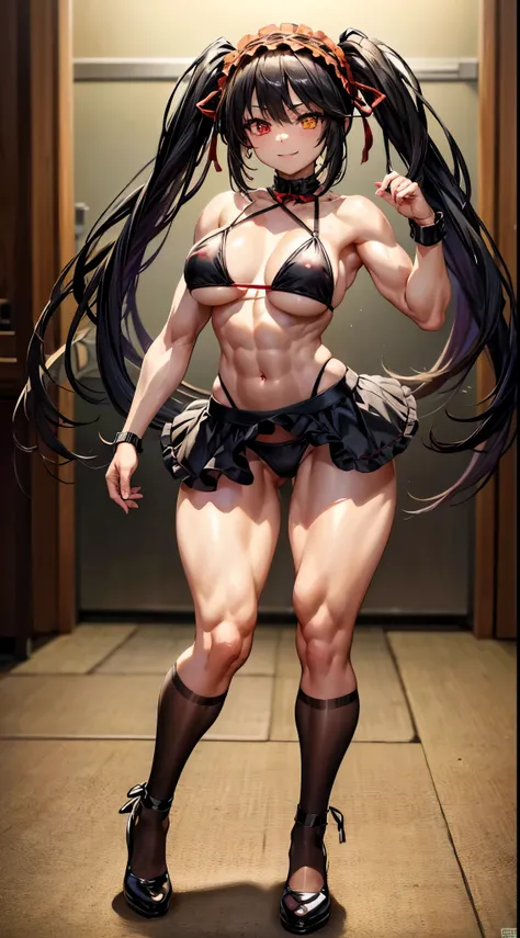 1 girl, bare shoulders, black hair, medium breasts, (muscular legs), muscular belly, wide hips, thin waist, (((clock eyes))), (wearing a very short and sexy bikini), (((no motel room))), full body, hairband, (((showing her beautiful and well-muscled legs))...