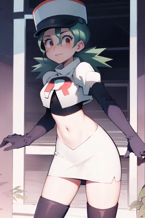pkmnJenny, white hat with red R ,team rocket,team rocket uniform, red letter R, white skirt,white crop top,black thigh-high boots, black elbow gloves , looking at viewer,
