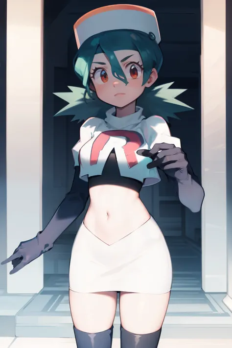 pkmnJenny, white hat with red R ,team rocket,team rocket uniform, red letter R, white skirt,white crop top,black thigh-high boots, black elbow gloves , looking at viewer,