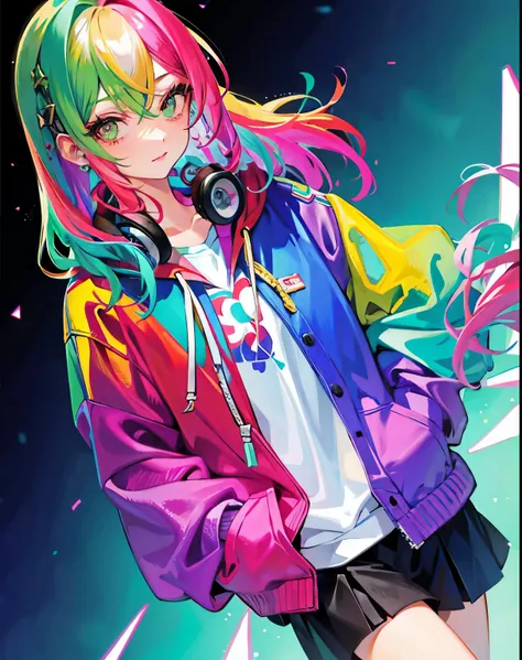 1girl,solo,rainbow hair, hoodie,straight hair, hand in pocket, headphones,