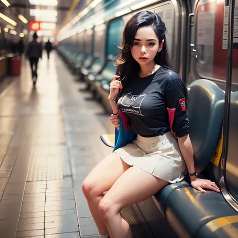 well detailed, a beautiful Belarusian girl, full body, beautiful body, beautiful face, white skin, long hair, big ass, beautiful medium breasts, shirt, short pleated skirt, inside the subway, --auto --s2