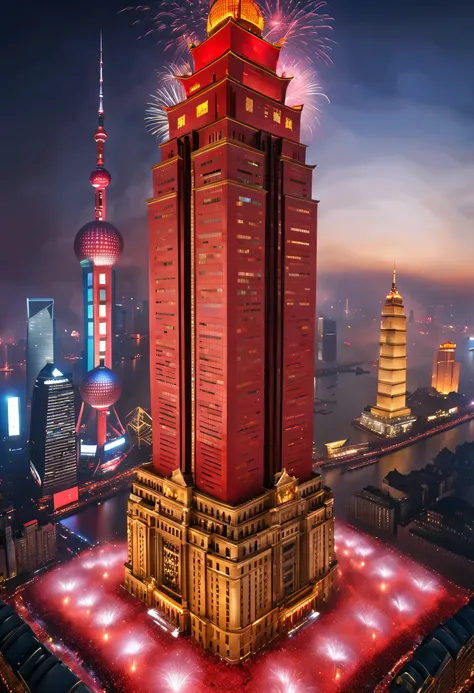 2024 New Year’s Eve celebration scene design, (Red and gold poster design), (Happy New Year with the electronic projection screen of the giant building on the Bund in Shanghai), Everyone watched the countdown on the big screen, Fireworks are blooming every...