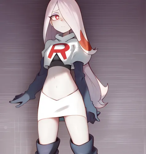 sucy, (sucy manbavaran:1.3), cowboy shot 1girl, (blank expression:1.2), (expressionless:1.2), makeup, hair over one eye, half-cl...