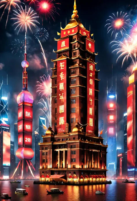 （2024 New Year’s Eve celebration scene design）, （Holographic Gold 2024）(Red and gold poster design), (Happy New Year with the electronic projection screen of the giant building on the Bund in Shanghai), Everyone is watching the countdown on the big screen,...