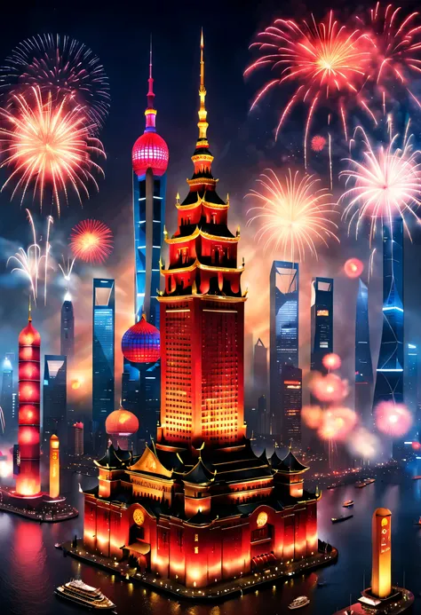 (2024 New Year’s Eve celebration scene design), (Holographic Gold 2024)(Red and gold poster design), (Happy New Year with the electronic projection screen of the giant building on the Bund in Shanghai), Everyone is watching the countdown on the big screen,...