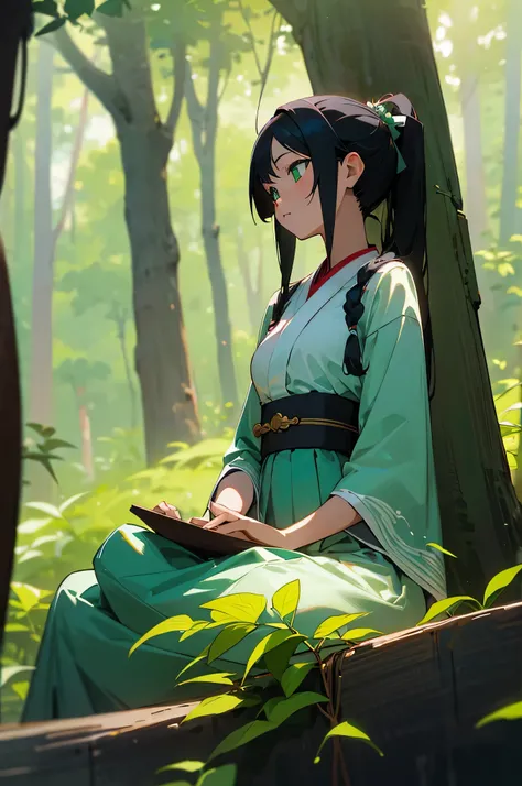 An anime girl sitting in the forest in front of a buddha statue, she wears traditional theravada buddhist clothes. She has beautiful green eyes and pony tailed beautiful black hair.