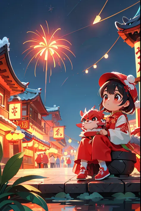 new year's day，red theme，new year's day的气氛，little girl wearing dragon hat，sitting on a red chinese dragon，little girl in blessin...