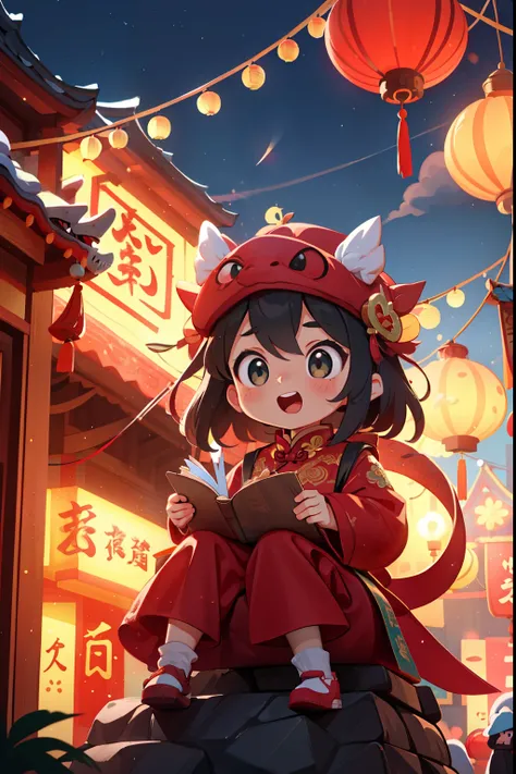 new year’s day，red theme，new year’s day的气氛，little girl wearing dragon hat，sitting on a red chinese dragon，little girl blessing，f...