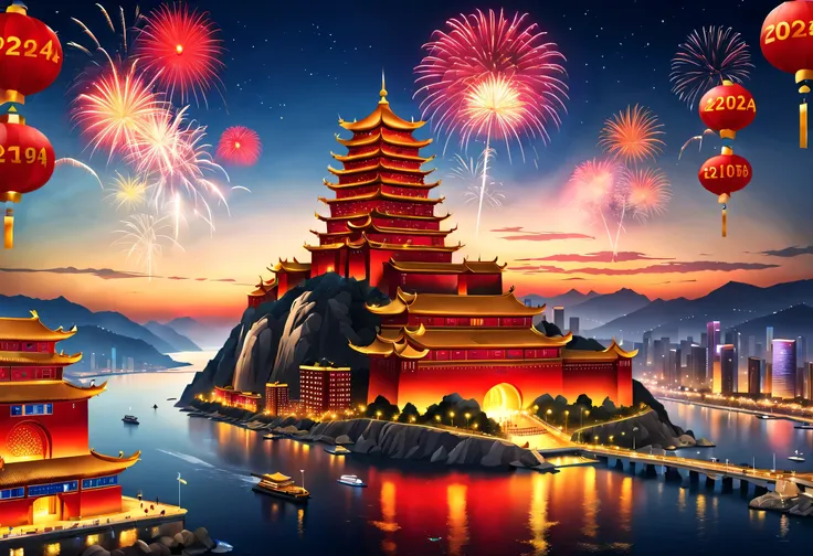 (2024 New Year’s Eve celebration scene design), (Red and gold poster design), (Qingdao seaside giant building complex thousands of miles away, Chinese big breasts: 1.2), Projection screen, (a happy new year: 1.3), Crowd watching countdown on big screen, Fi...