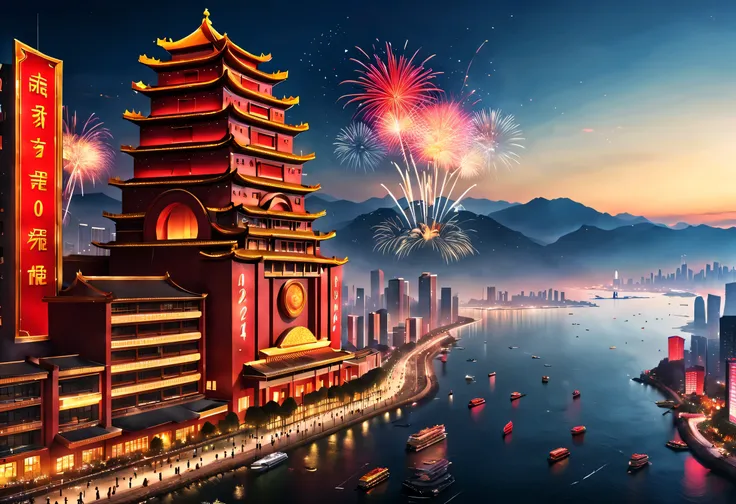 (2024 New Year’s Eve celebration scene design), (Red and gold poster design), (Qingdao seaside giant building complex thousands of miles away, Chinese big breasts: 1.2), Projection screen, (a happy new year: 1.3), Crowd watching countdown on big screen, Fi...