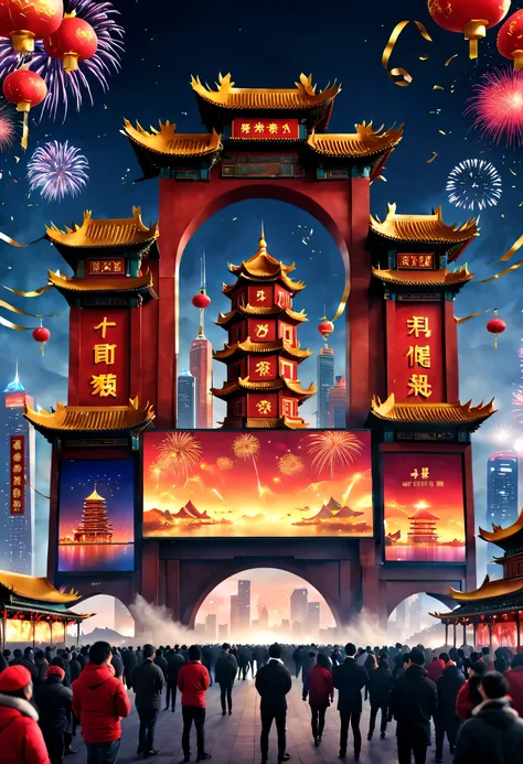 (2024 new year’s eve celebration scene design), (red and gold poster design), (a happy new year scene on the giant coastal archi...